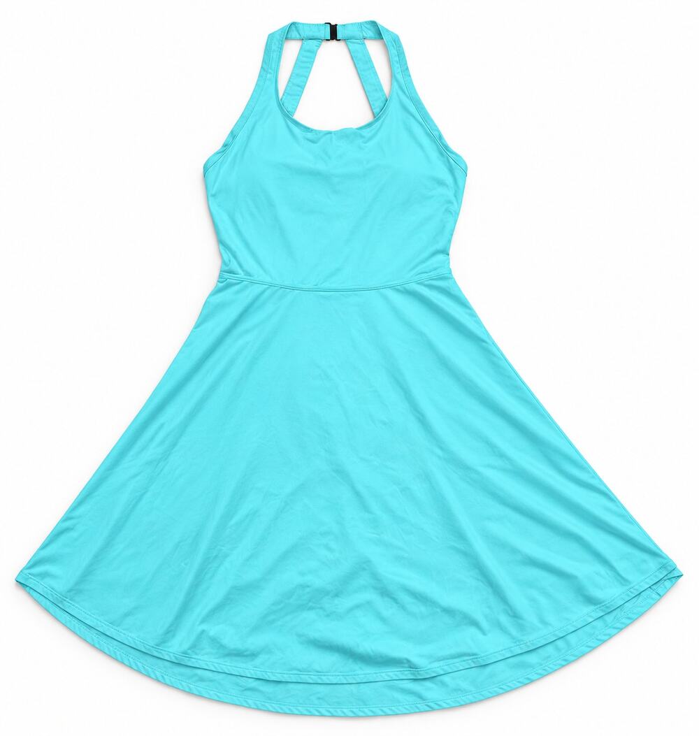 Halara backless twisted 2-in-1 activity dress in a vibrant aqua turquoise NWOT